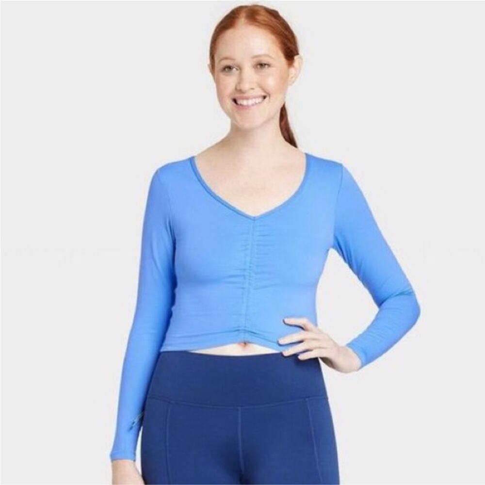 NWT all in motion ruched crop top long sleeve athletic work out exercise blue L